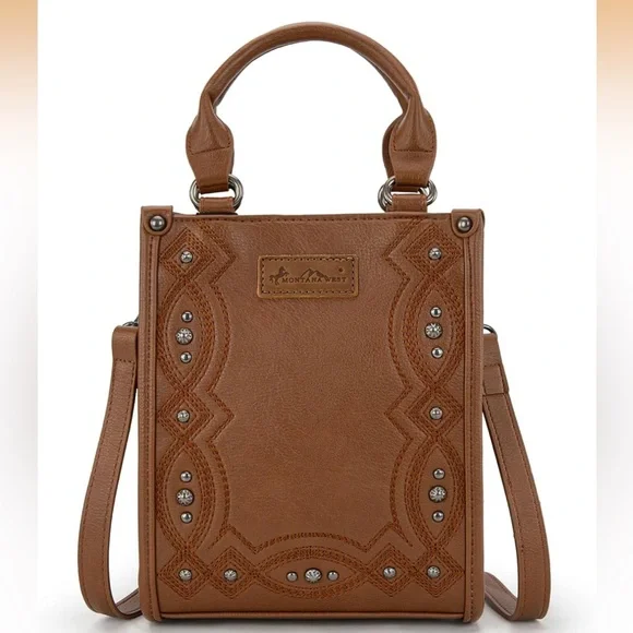 Montana West Brown Embroidered Crossbody Bag with rivet details - Picture 1 of 6